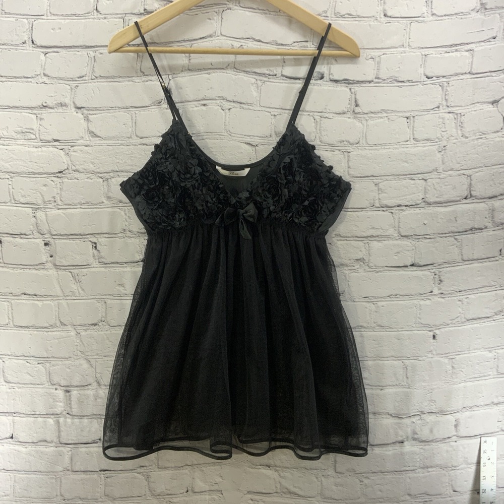 Flora Lingerie Teddy Black Ruffled‎ Womens Sz L Spaghetti Strap